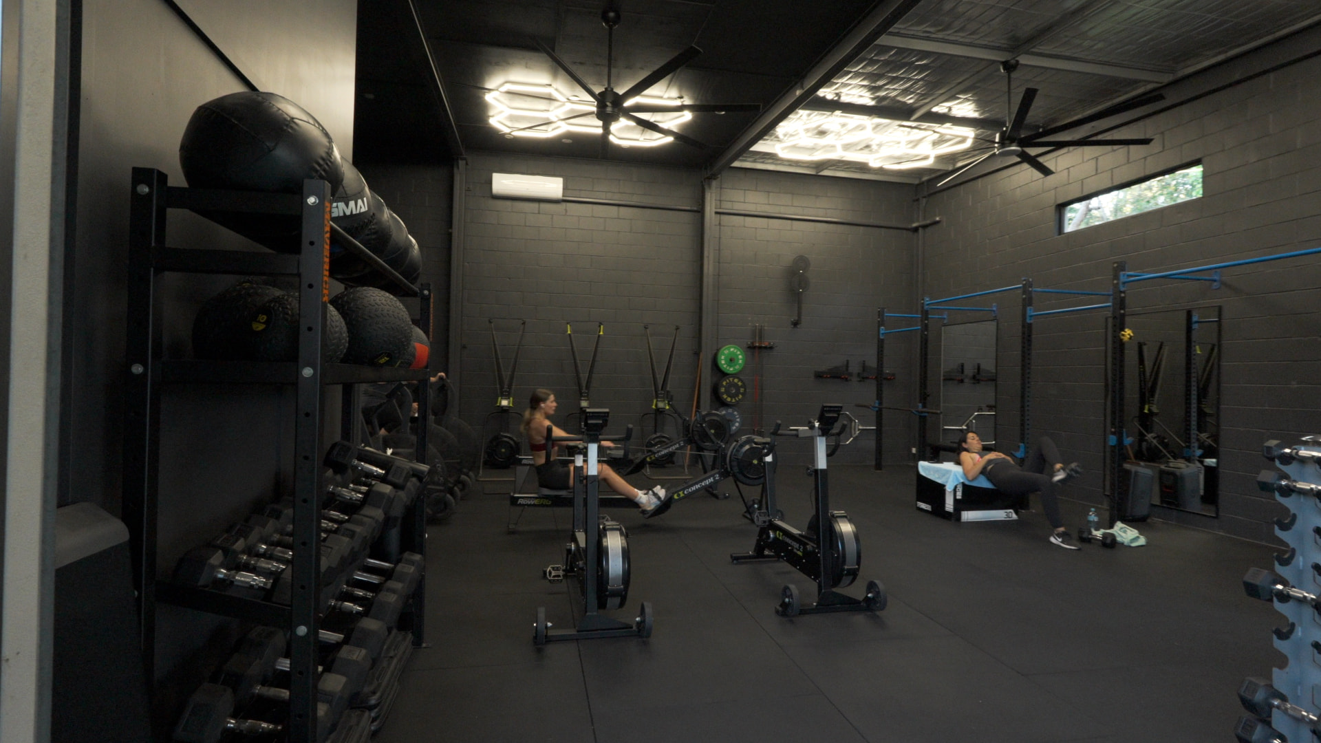 Rowing and bench work on the gym floor